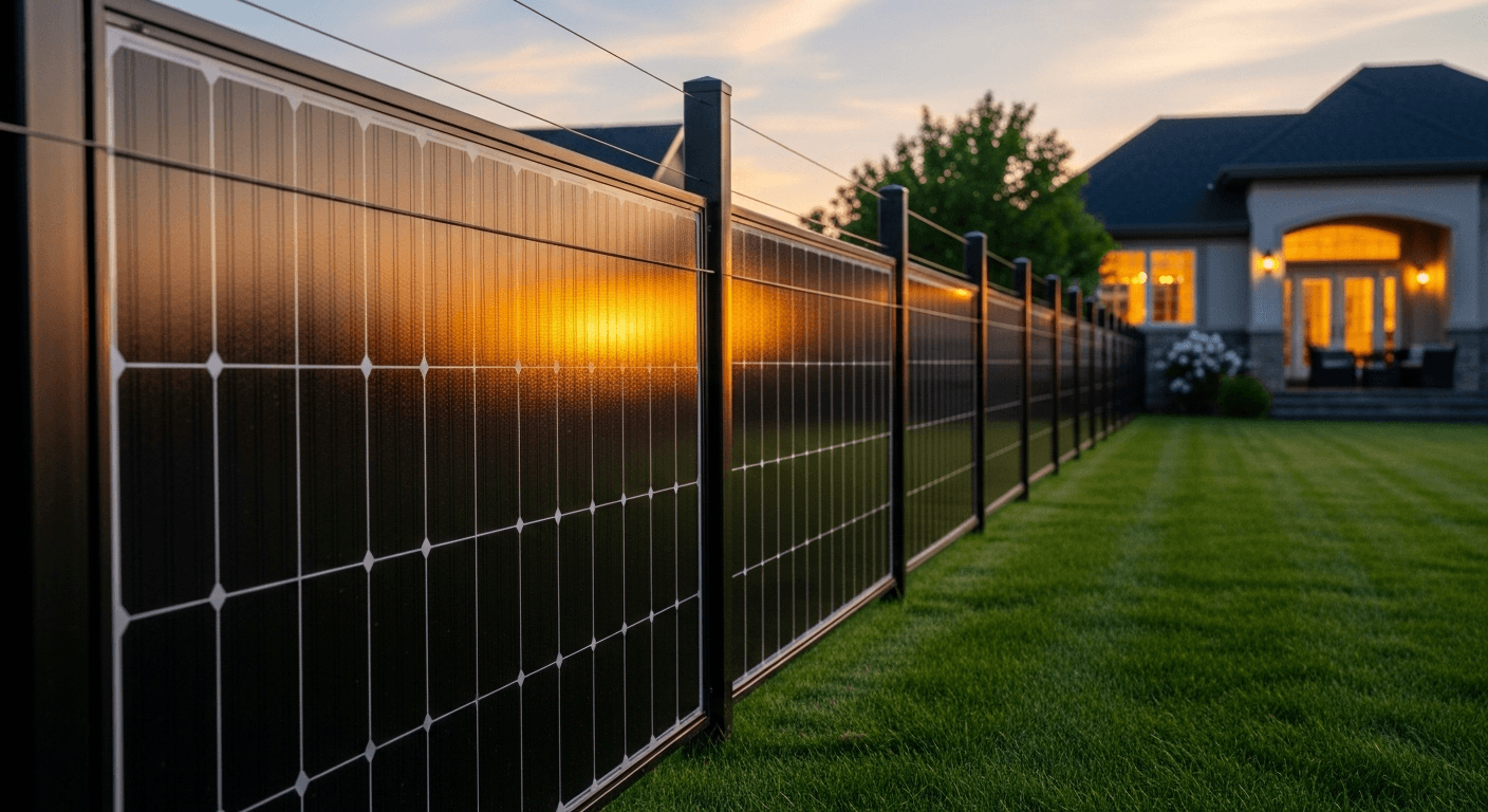 A modern residential property secured by a solar panel fence with photovoltaic cells mounted on the fence line.